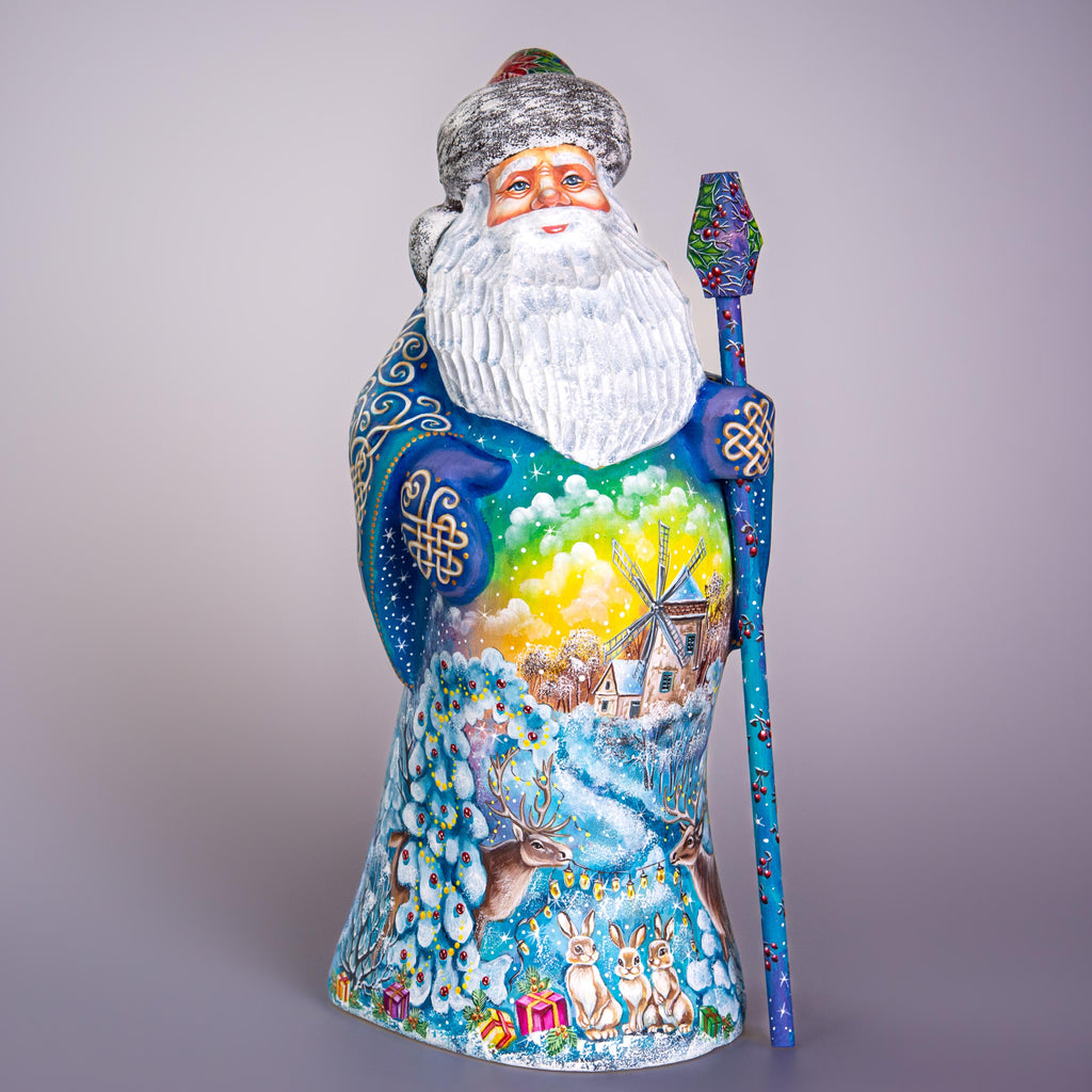 Old World Santa figurine 13 inch, carved wood, blue coat, woodland deer and rabbits