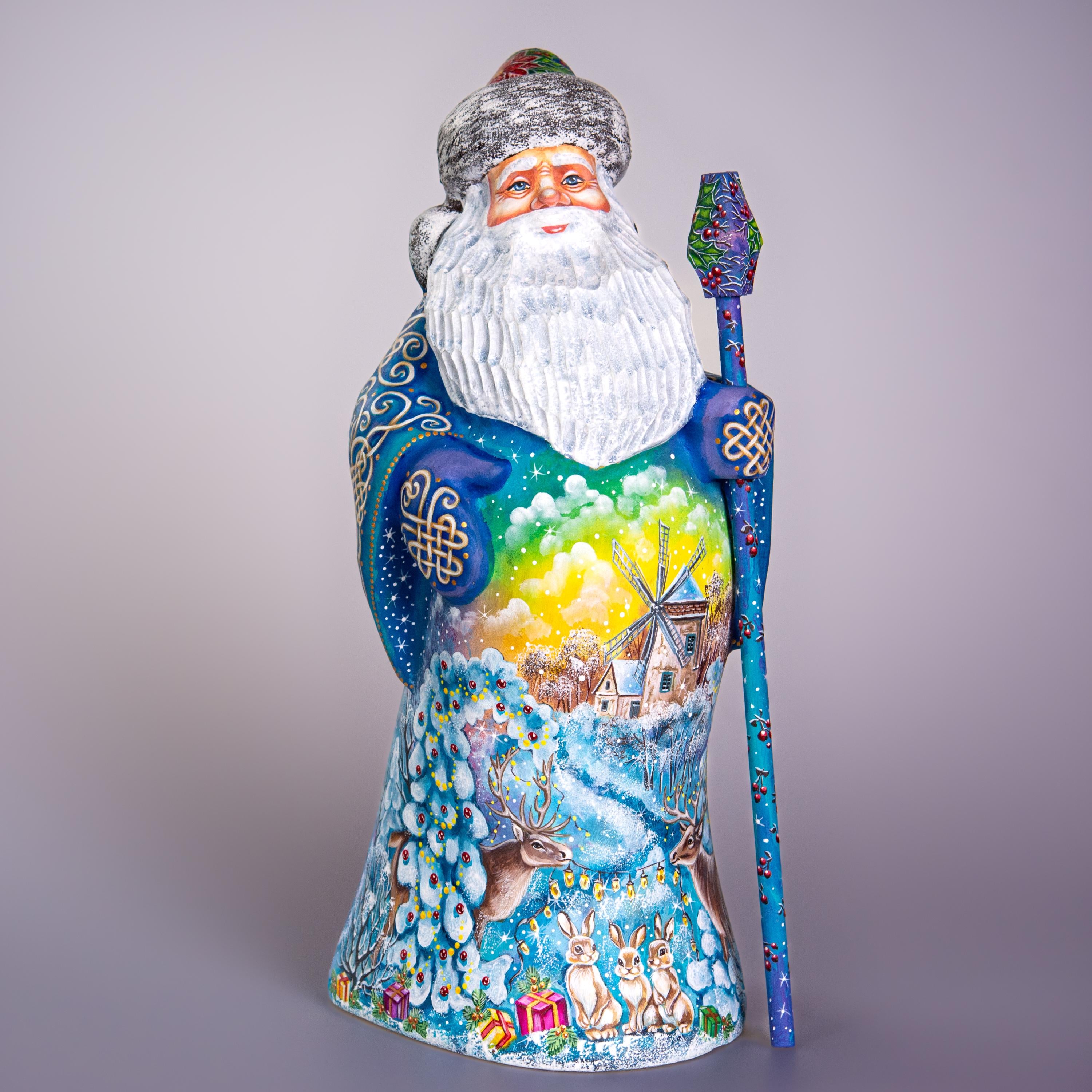 Old World Santa figurine 13 inch, carved wood, blue coat, woodland deer and rabbits