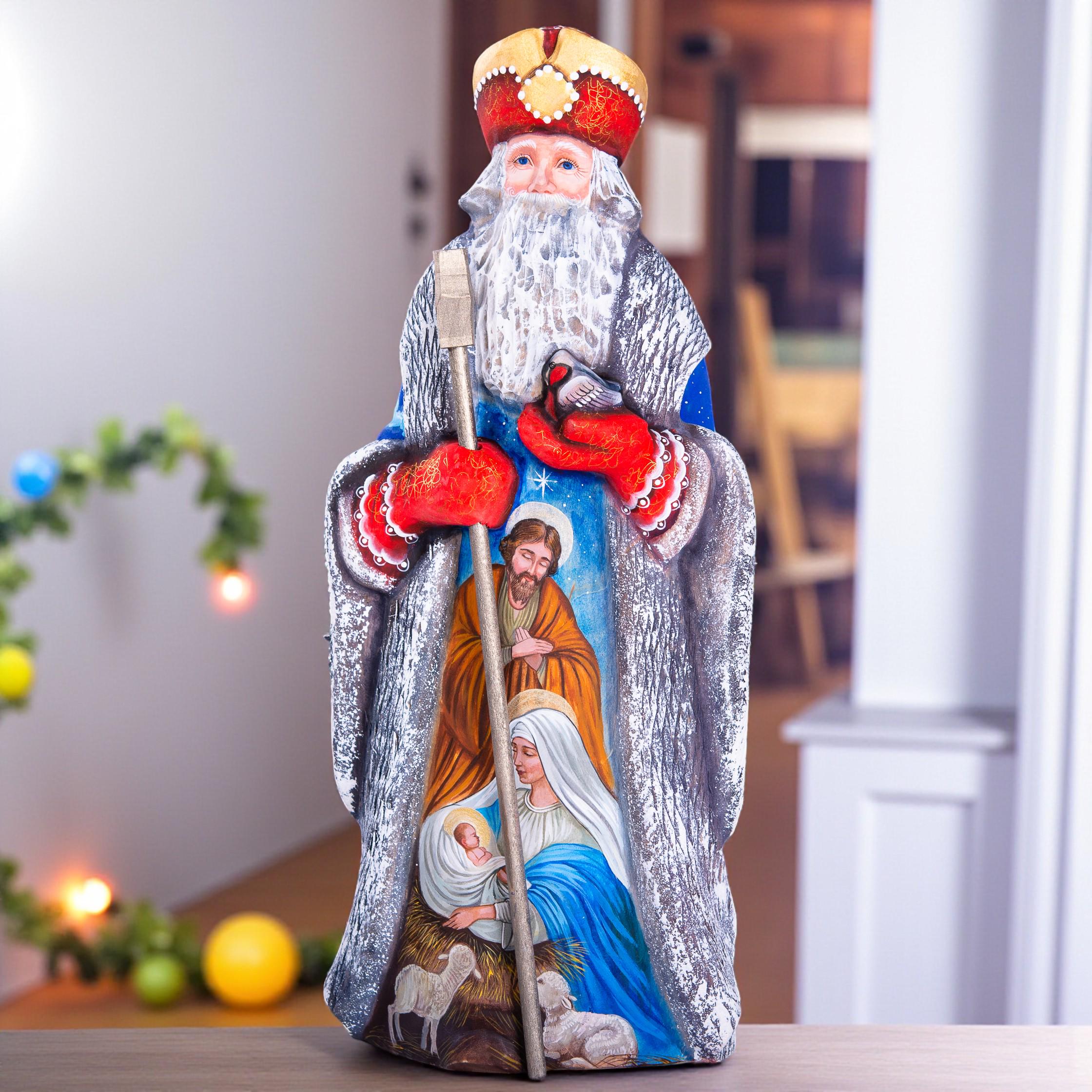 Wooden Old World Santa 12.9 inch, Holy Family nativity, religious Christmas mantel centerpiece