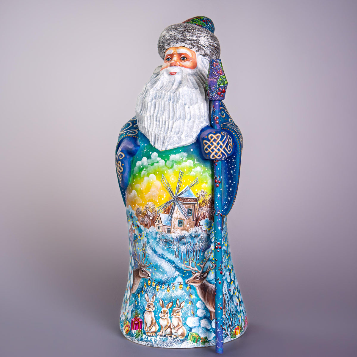 Old World Santa figurine 13 inch, carved wood, blue coat, woodland deer and rabbits