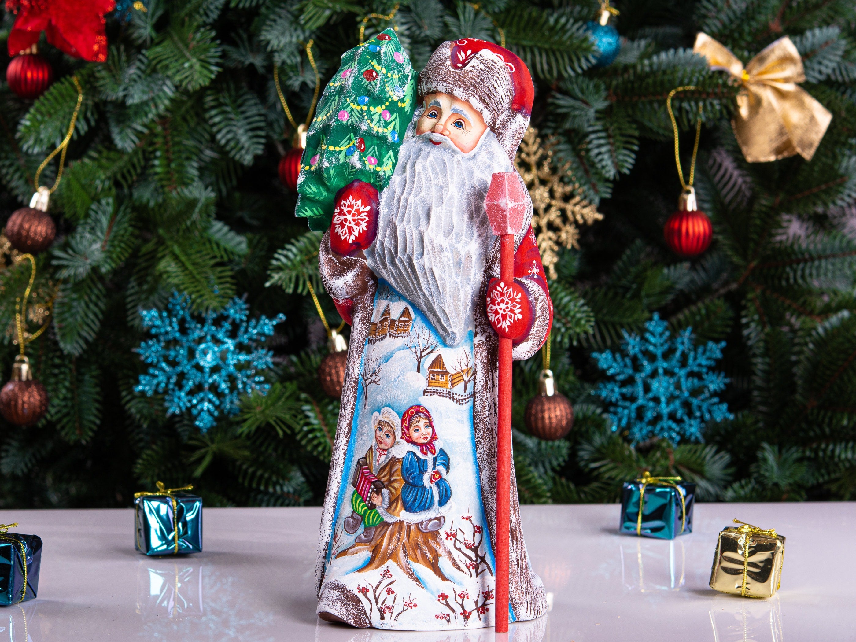 Rustic Santa Claus wood figure 10 inch, snowy country village, Christmas table décor