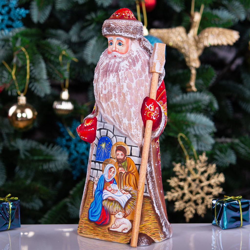 Wooden Santa Figurine 9", Holy Family Creche, Gold Staff