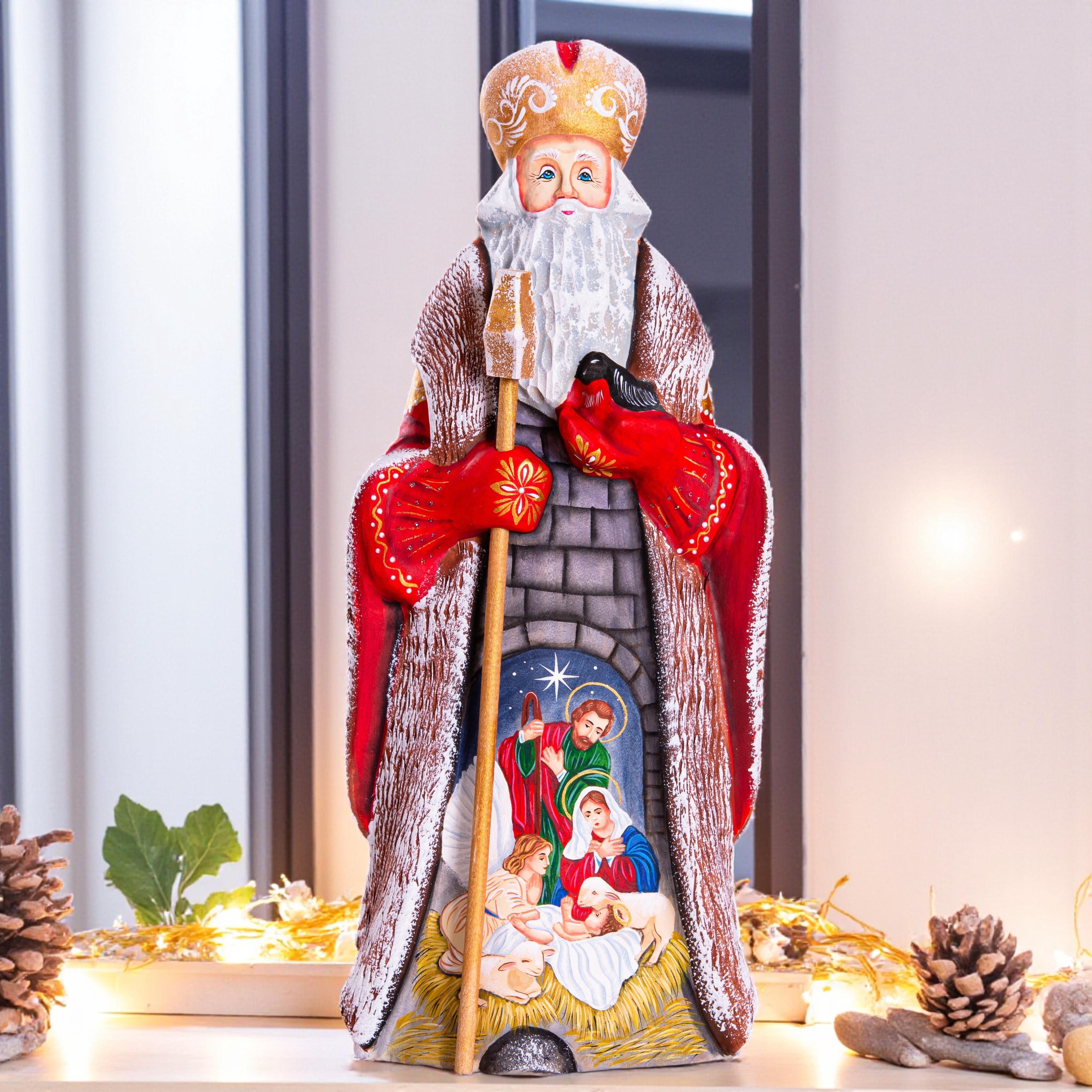 Saint Nicholas with Nativity Statue 12.9", Hand Carved Wood