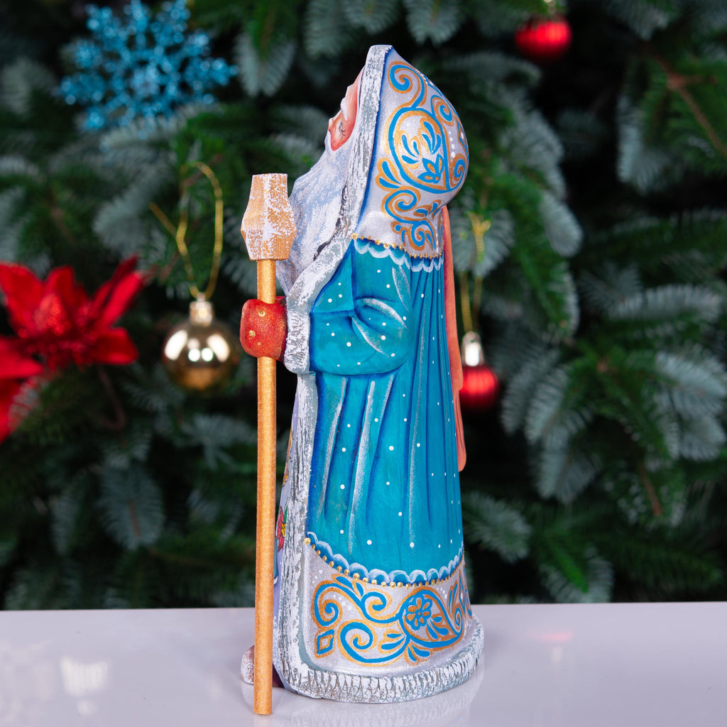 Hand carved Santa statue 9 inch, blue coat, child and teddy