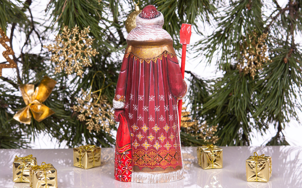 Kris Kringle hand carved wooden figurine 9 inch, gift sack & staff, Christmas home accent