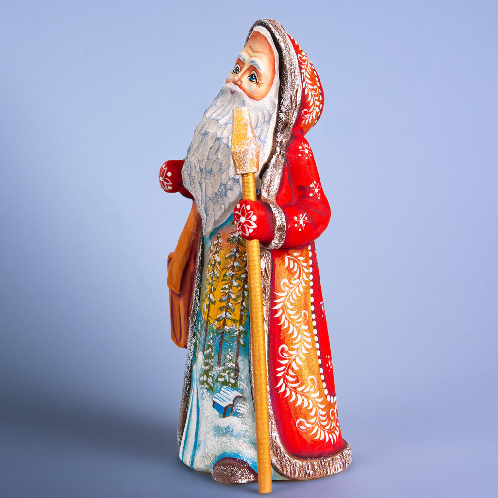 Hand carved Santa wooden figurine 9.1 inch with staff, winter forest scene mantel decor