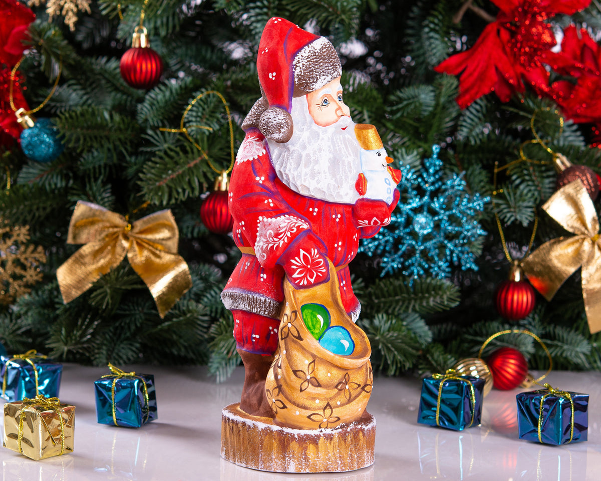 Old World Santa figurine 9.5 inch, carved wood, snowman figure, tabletop centerpiece decor