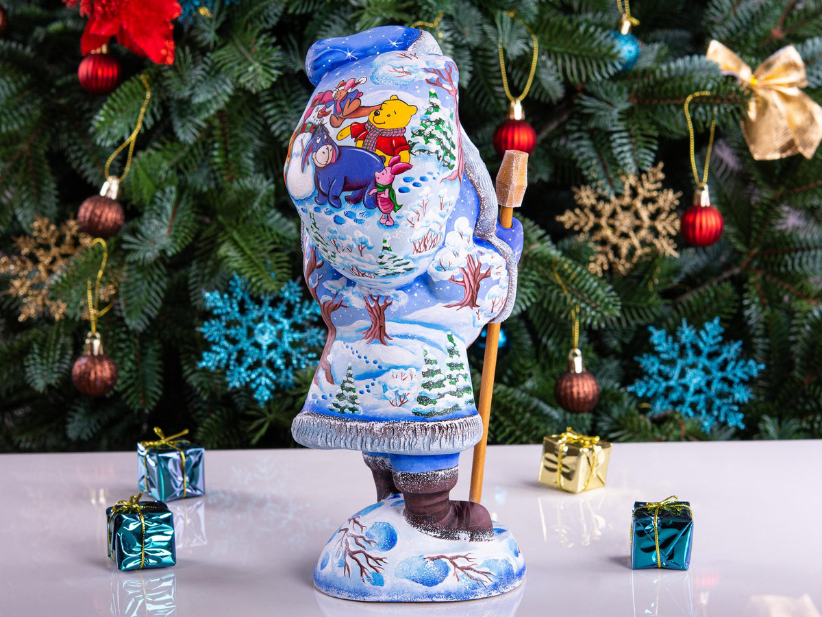 Hand carved Old-World Santa wooden figurine 11 inch, Winnie-the-Pooh scene, mantel decor