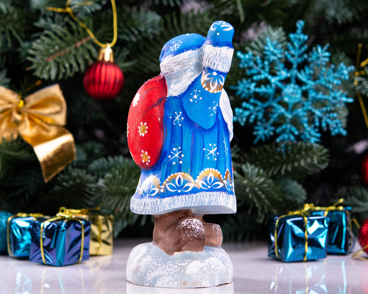 Hand carved blue Santa wooden figurine 6.3 inch, gift sack shelf decor