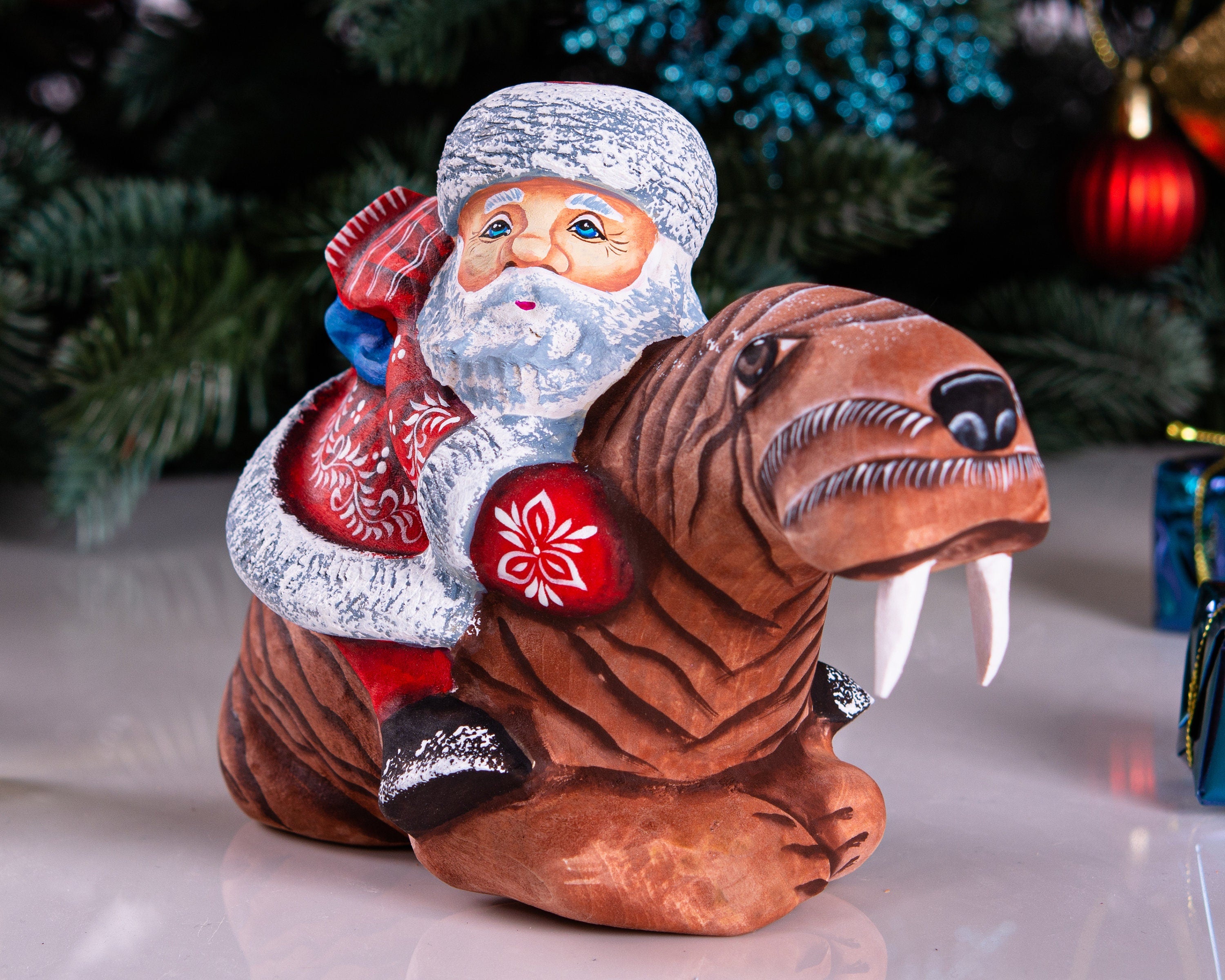 Hand Carved Wooden Santa Claus Figurine: Funny Walrus Christmas Decor