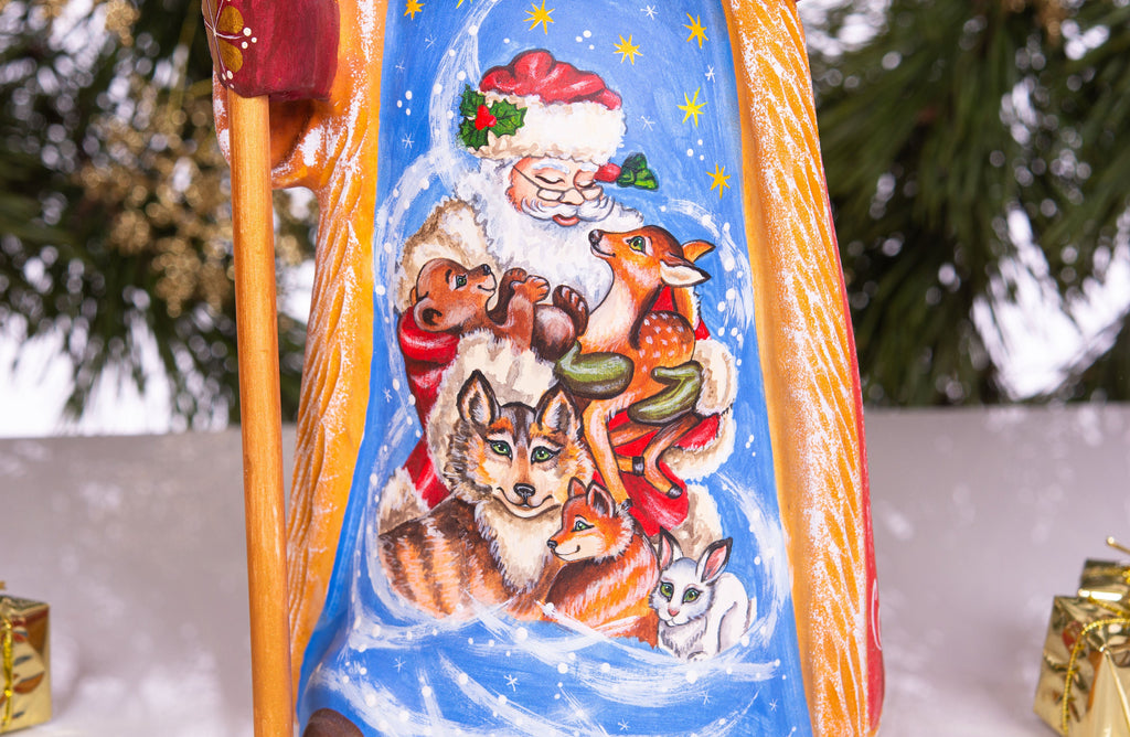 Hand carved wooden Santa figurine 13 inch, woodland animals painting, rustic mantel centerpiece