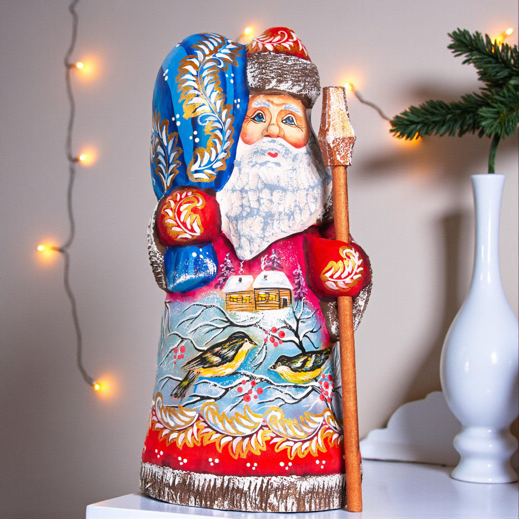 Hand painted Santa wooden figurine 8 inch, village snow scene with birds, shelf decor
