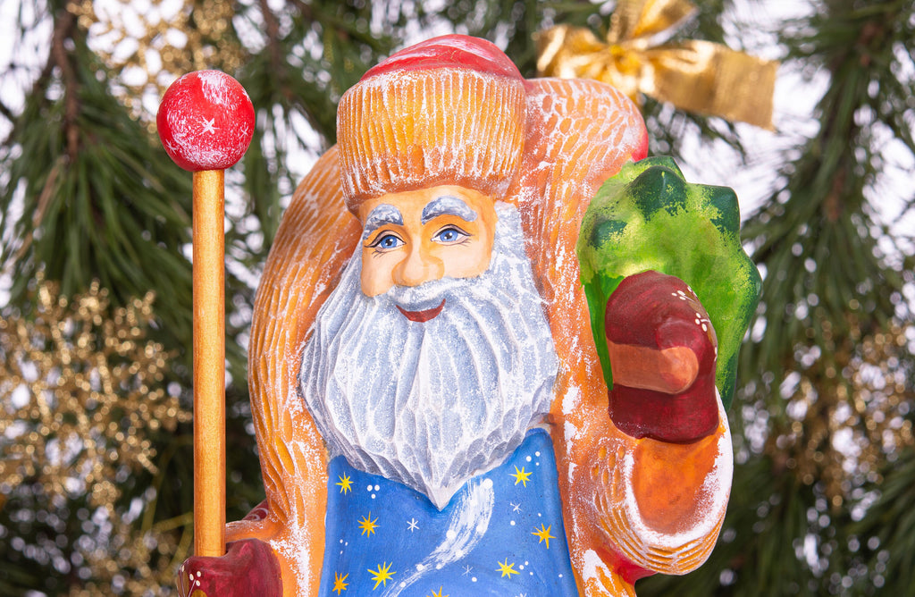 Hand carved wooden Santa figurine 13 inch, woodland animals painting, rustic mantel centerpiece