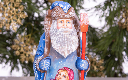 Father Christmas wooden figurine 9 inch, blue Santa, village child and dog, mantel display