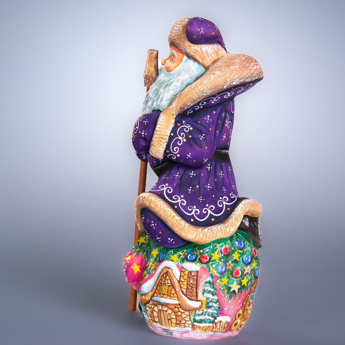 Hand carved wooden Santa figurine 9.4 inch, purple coat, cottage scene decor