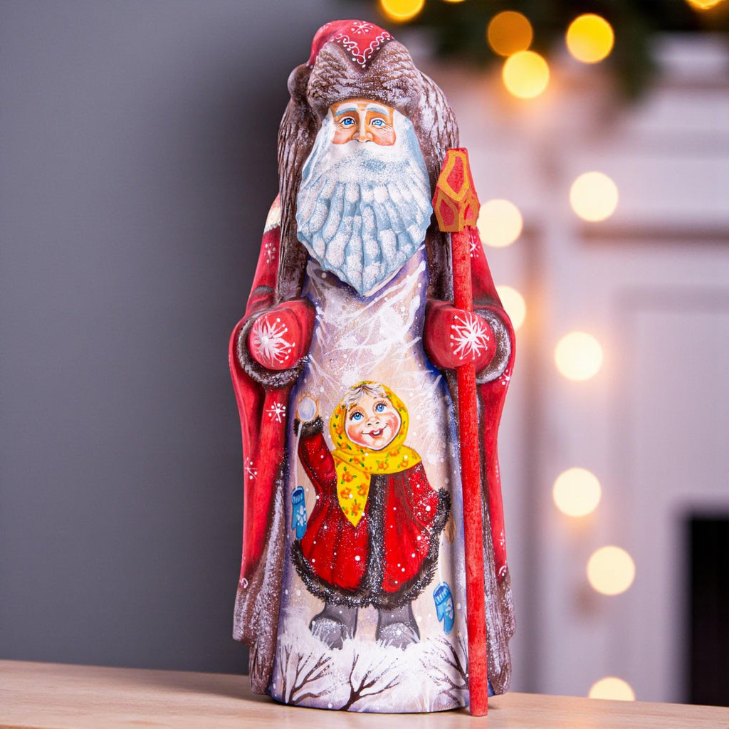 Hand carved Russian Santa figurine 9 inch, winter girl with snowball scene