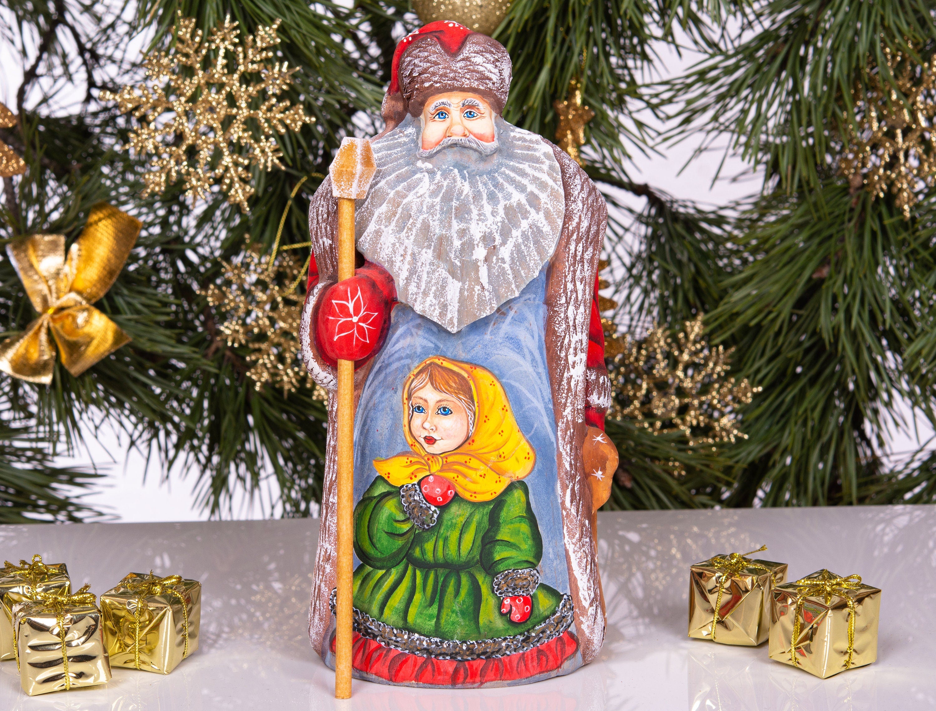 Vintage inspired Russian Santa carving 9.5 inch wooden figure, girl in mittens, Christmas display