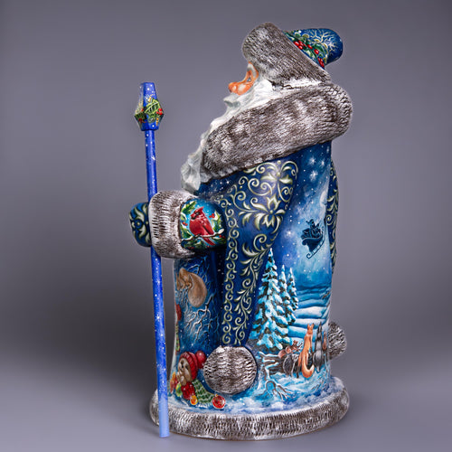 Collectible 14" Wooden Santa Figurine, Blue Coat & Woodland Animals – Holiday Decor