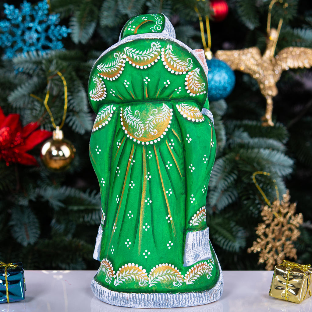 Green Santa wooden figurine 9.5 inch, hand carved Christmas mantel decor