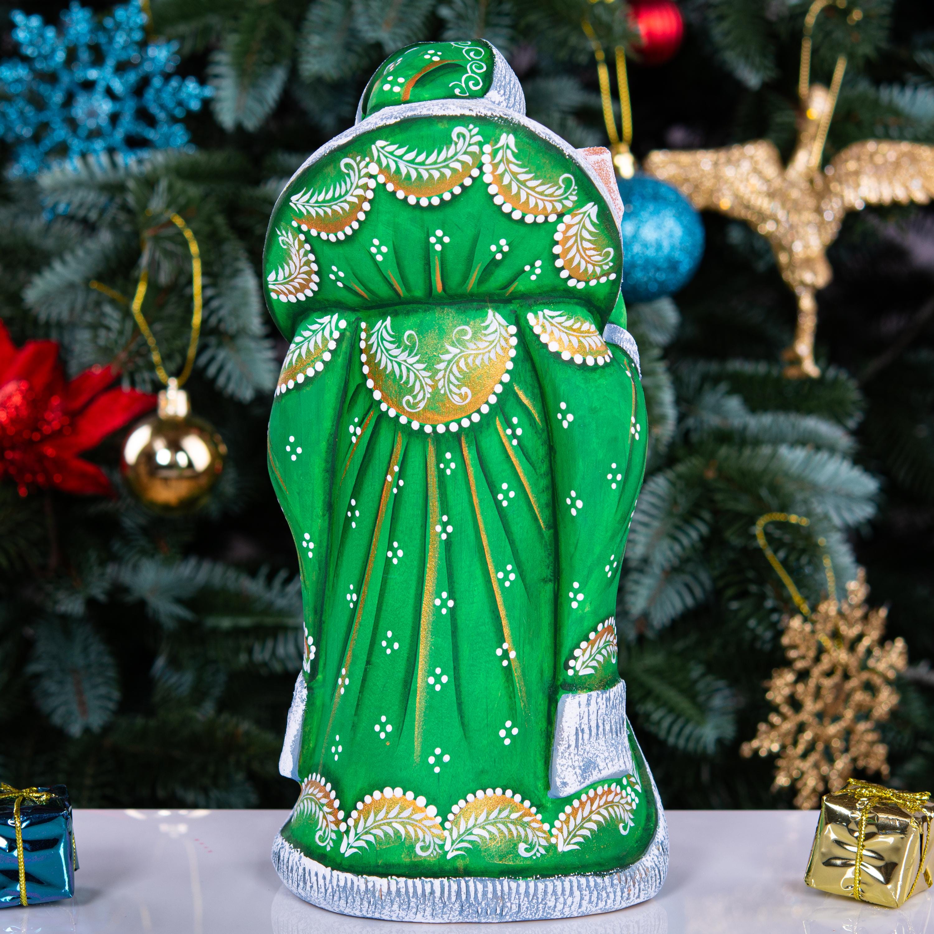 Green Santa wooden figurine 9.5 inch, hand carved Christmas mantel decor