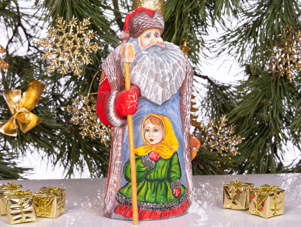 Vintage inspired Russian Santa carving 9.5 inch wooden figure, girl in mittens, Christmas display