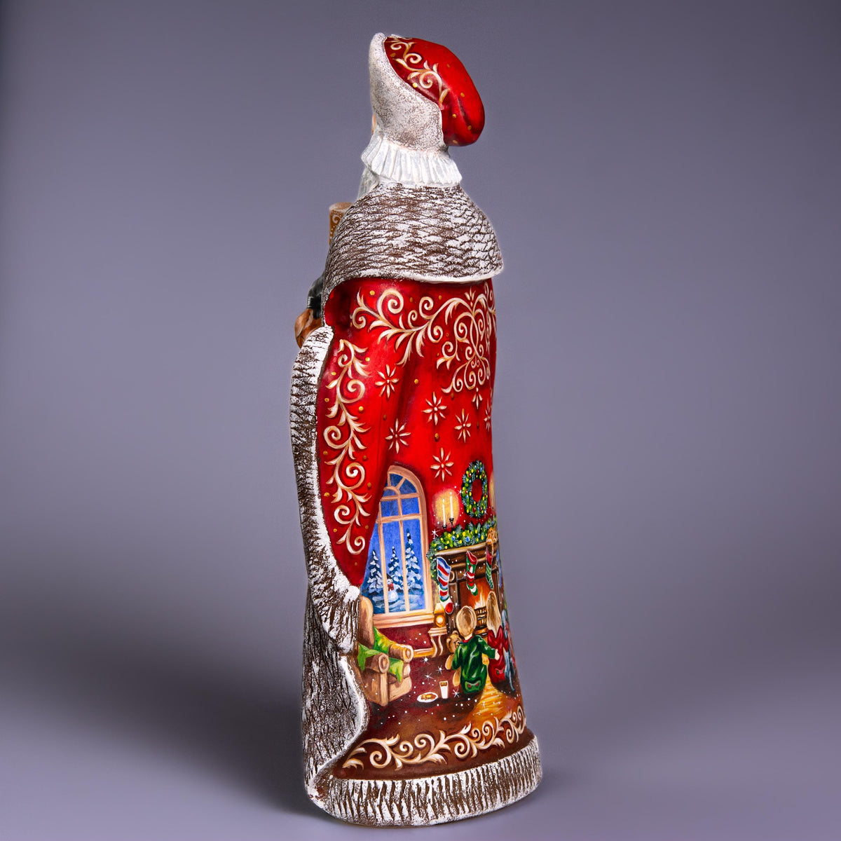 Hand carved wooden Santa statue 13 inch, fireplace scene collectible