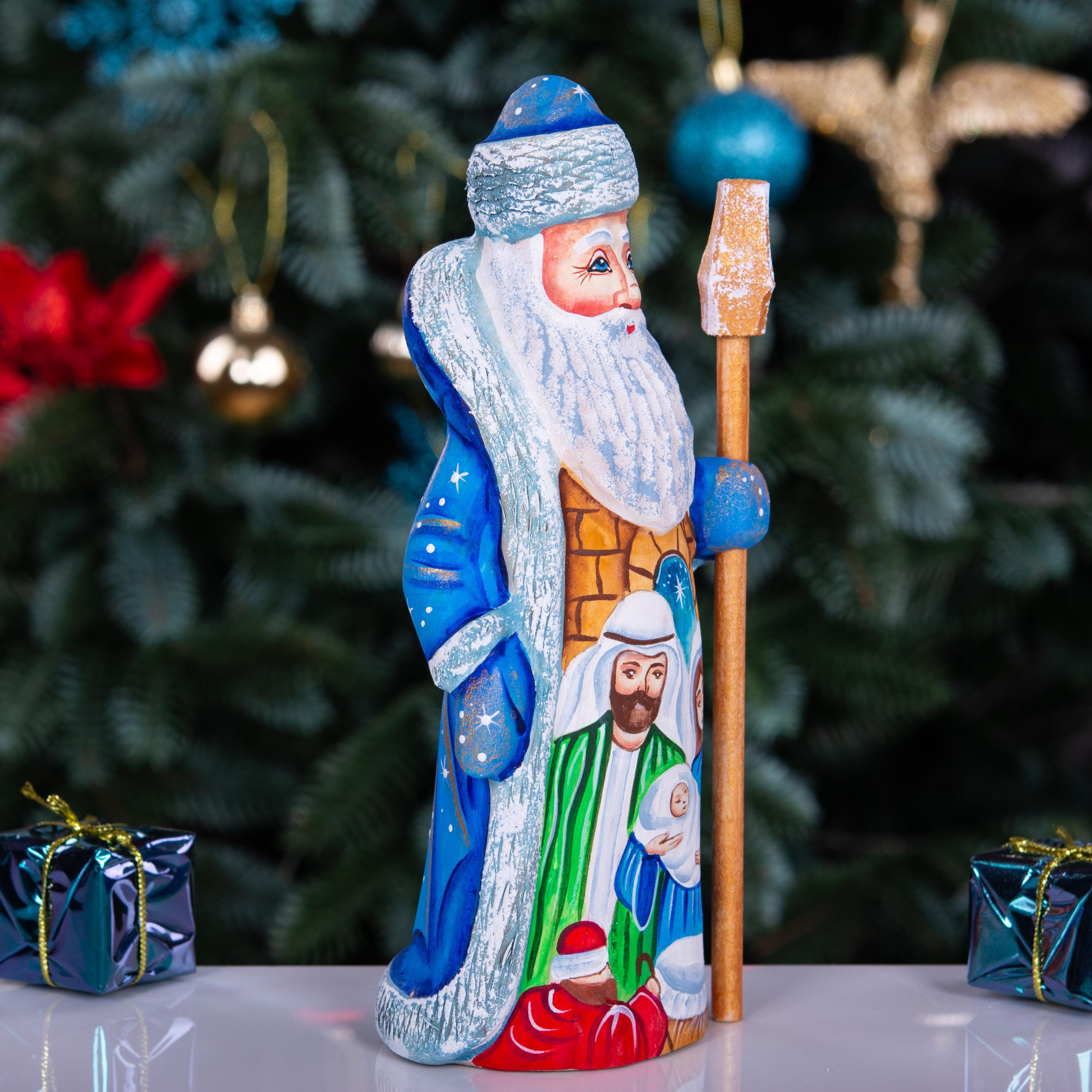 Blue Coat Santa Figurine 7", Nativity Scene, Old World Folk Art
