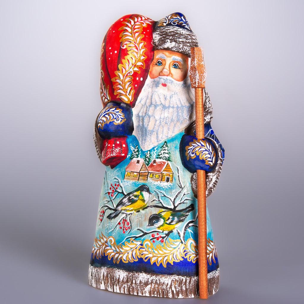 Hand carved Old-World Santa wooden figurine 8 inch, winter birds village scene, mantel decor
