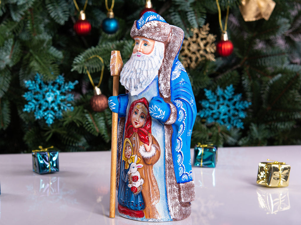 Wooden Santa figurine 9.1 inch, hand painted child scene, collectible Christmas mantel shelf decor
