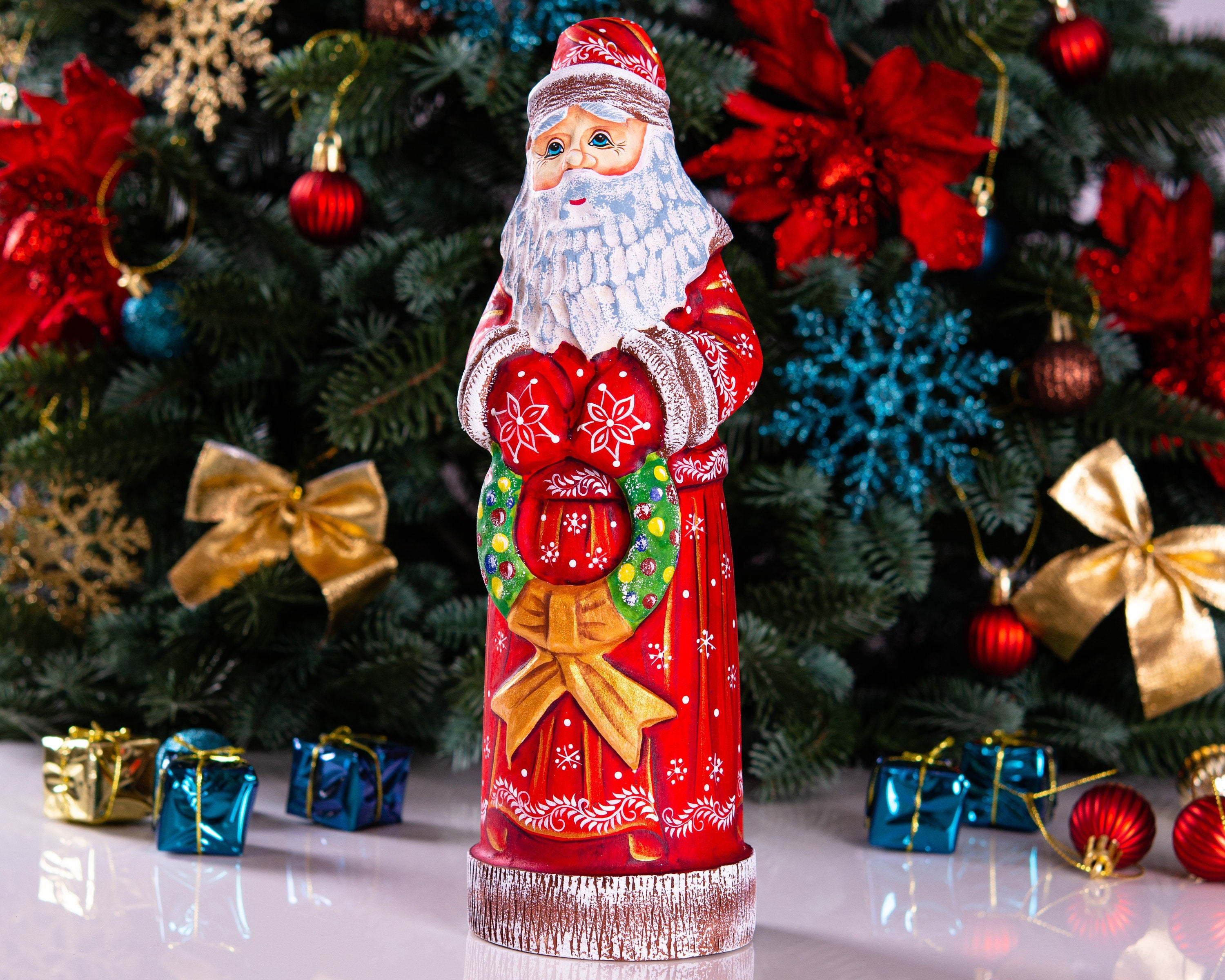Hand carved Santa wooden figurine 11.4 inch, wreath Christmas decor