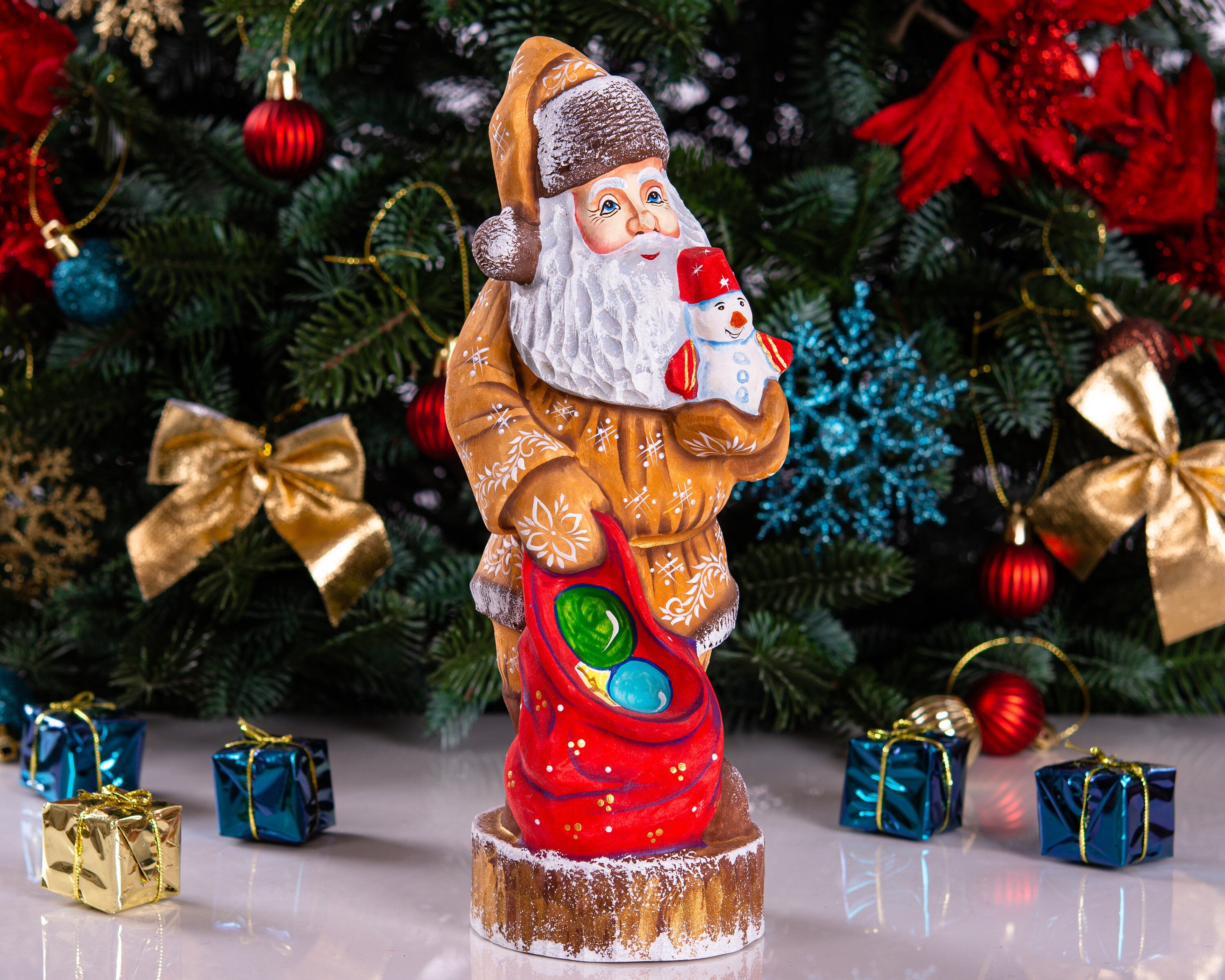 Father Christmas wooden figurine 10", hand carved shelf decor