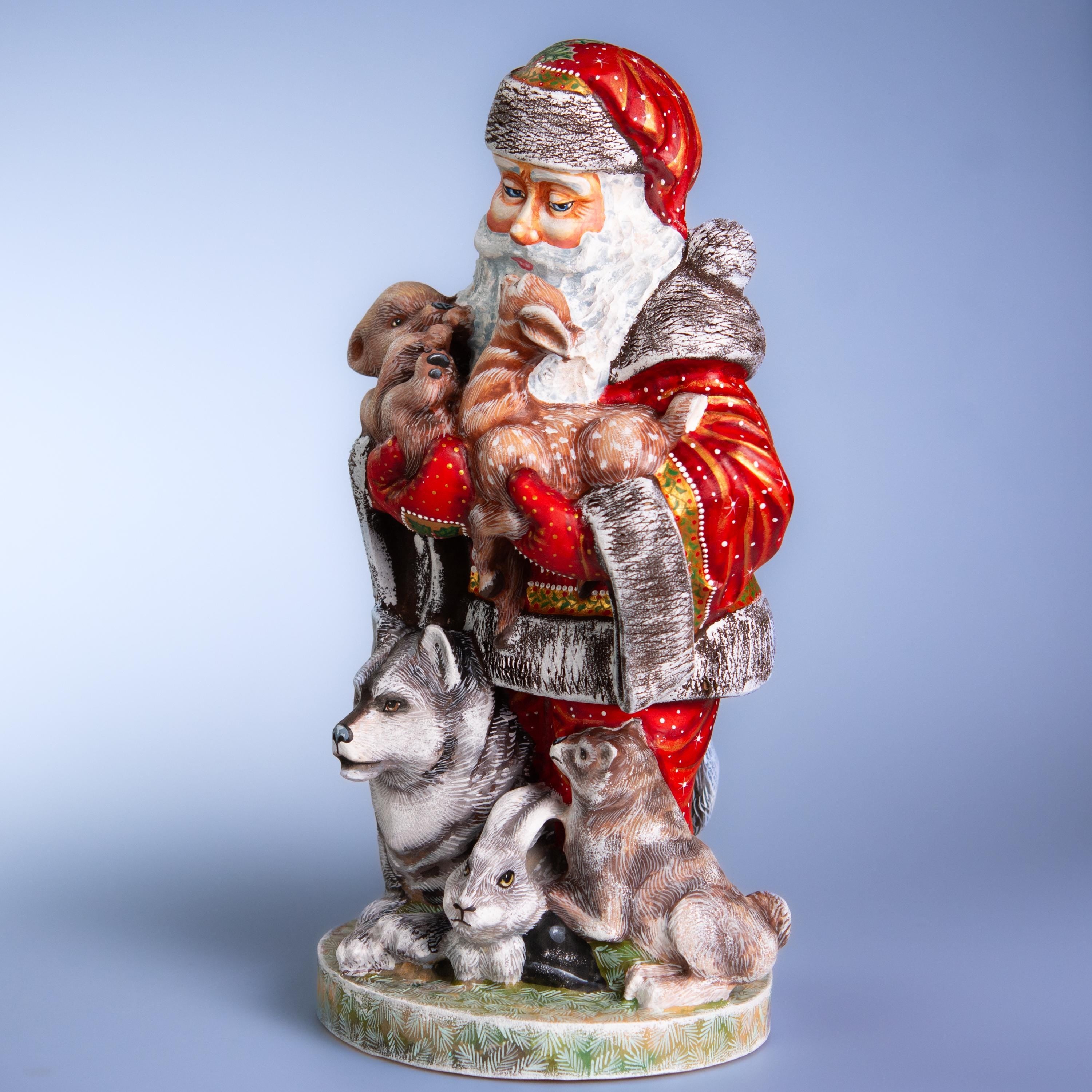 Hand Carved Wooden Santa Claus Figurine: Christmas Holiday Decor (14 inch)