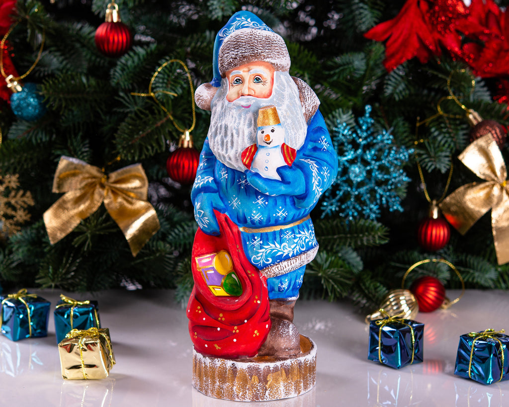 Hand carved Santa wooden figurine 10 inch, snowman toy & gift sack, mantel decor