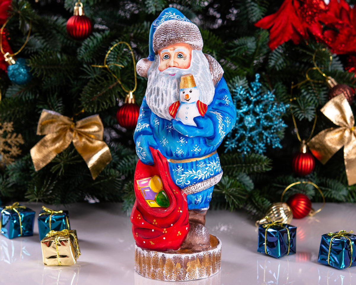 Hand carved Santa wooden figurine 10 inch, snowman toy & gift sack, mantel decor