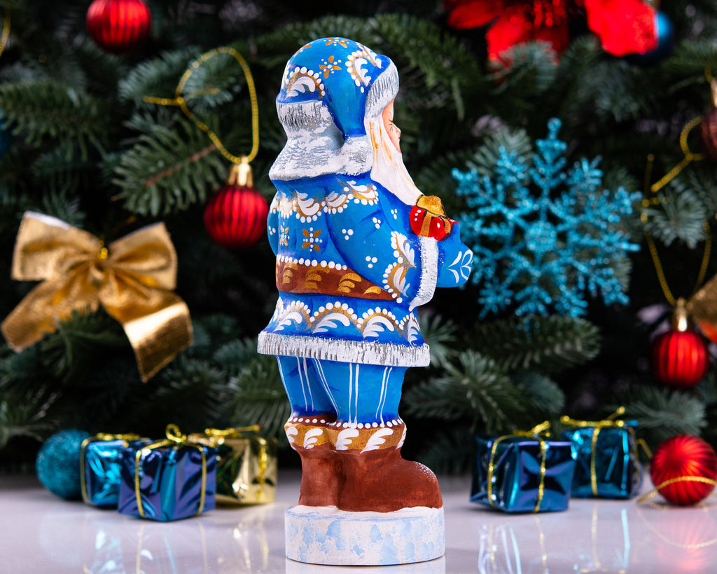Hand carved blue Santa wooden figurine 7 inch, teddy bear gift, holiday mantel decor