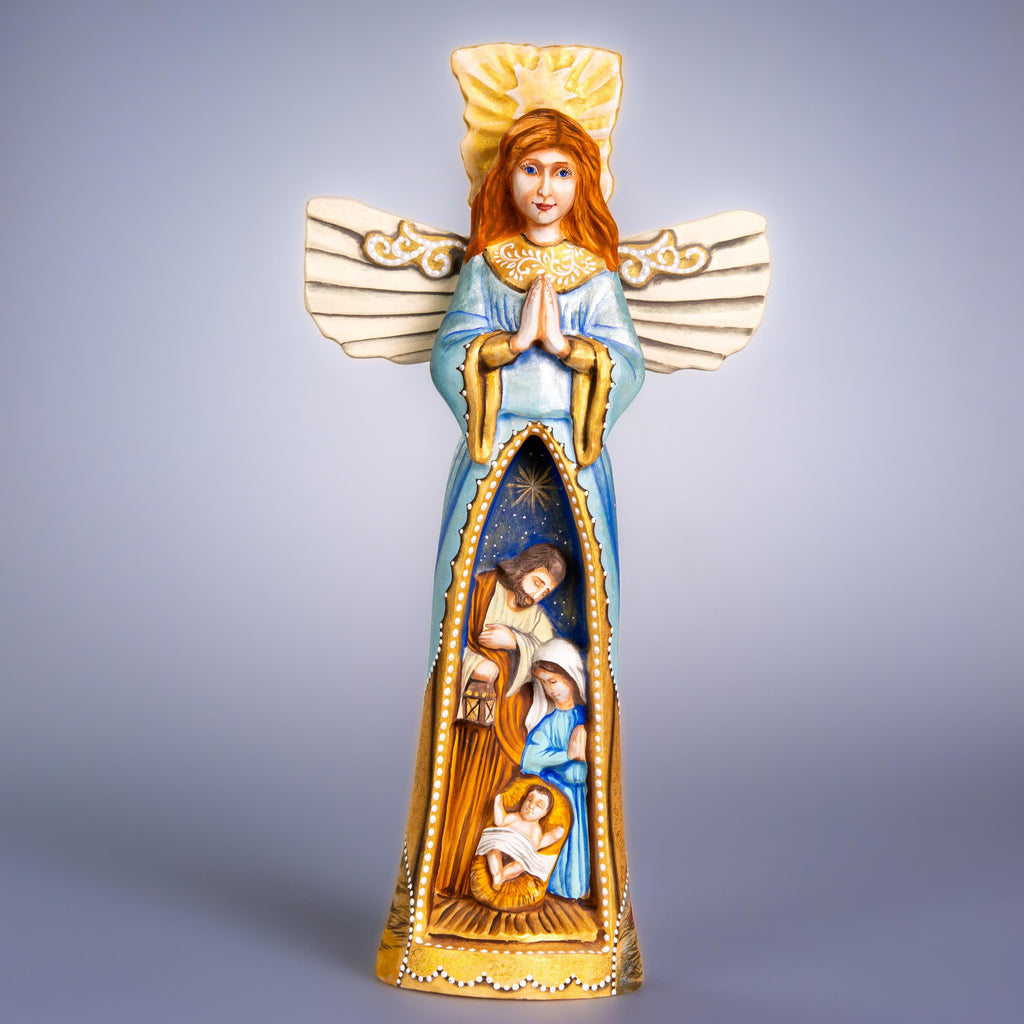 Hand carved wooden angel figurine 13 inch, Bethlehem star shepherds scene, mantel decor