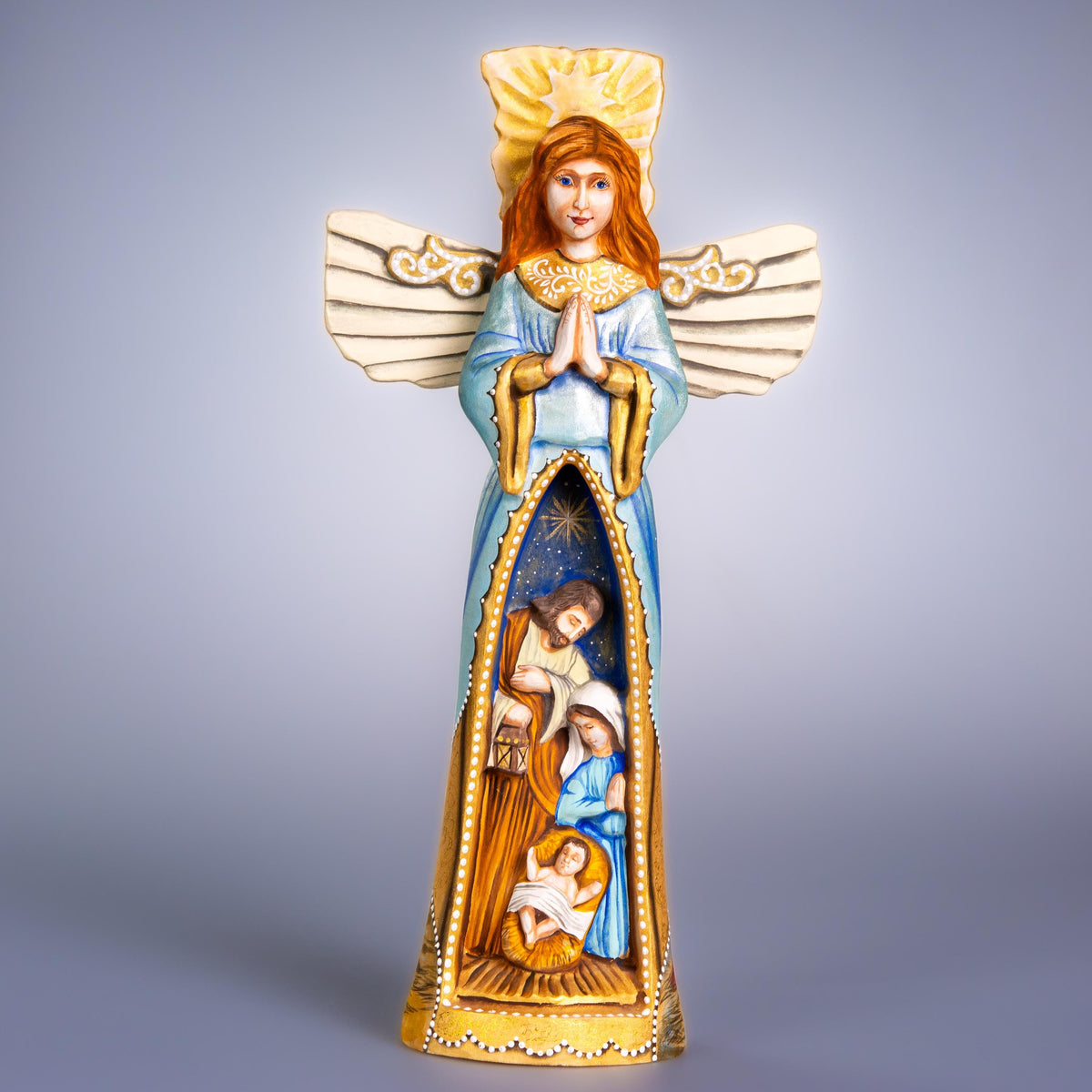 Hand carved wooden angel figurine 13 inch, Bethlehem star shepherds scene, mantel decor