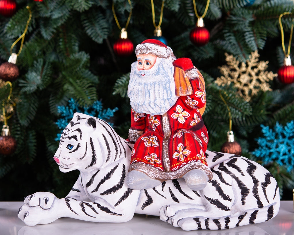 Hand carved wooden Santa riding white tiger figurine, unique Christmas home decor