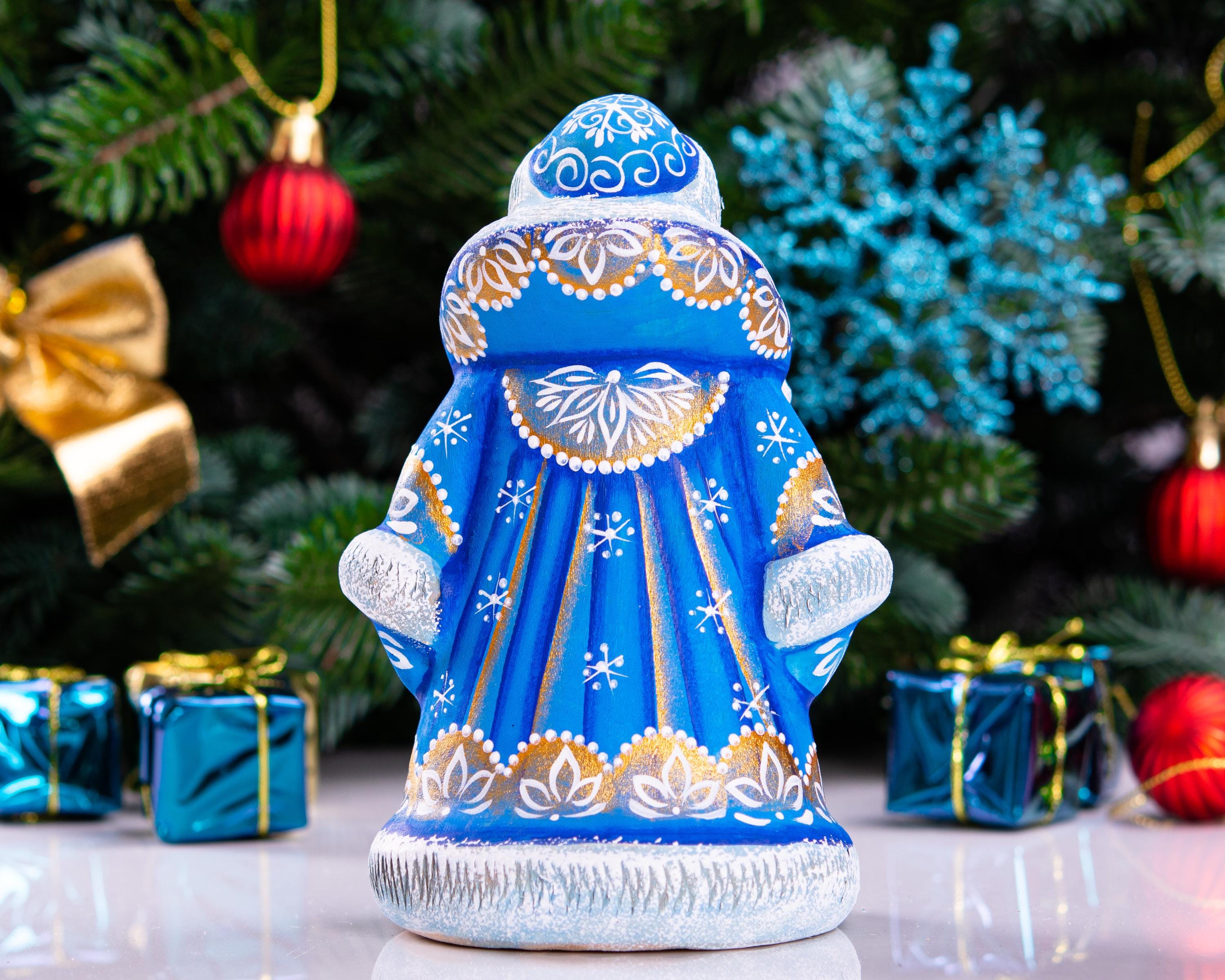 Father Frost Figurine Hand Carved Wood Long Blue Robe 6″