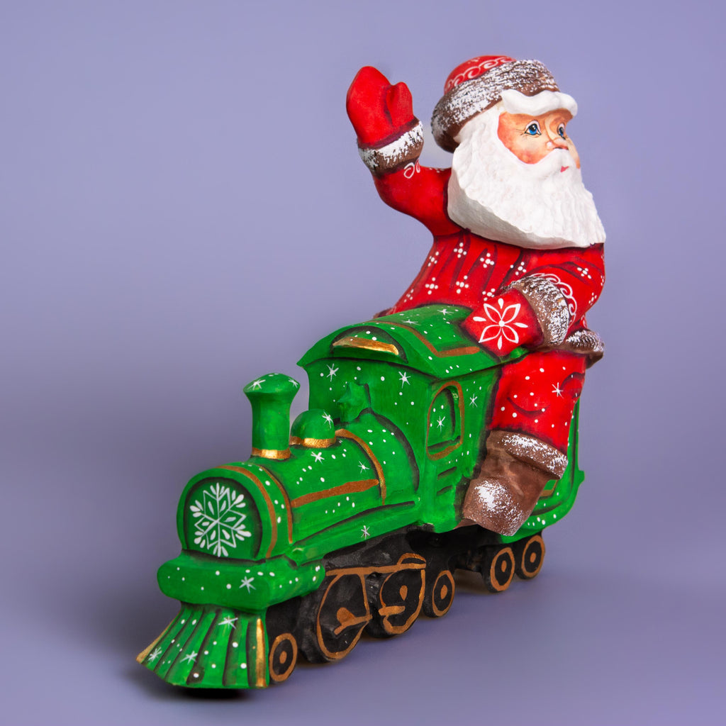 Hand Carved Santa on Locomotive Figurine 9.5 inch: Wooden Christmas Decoration