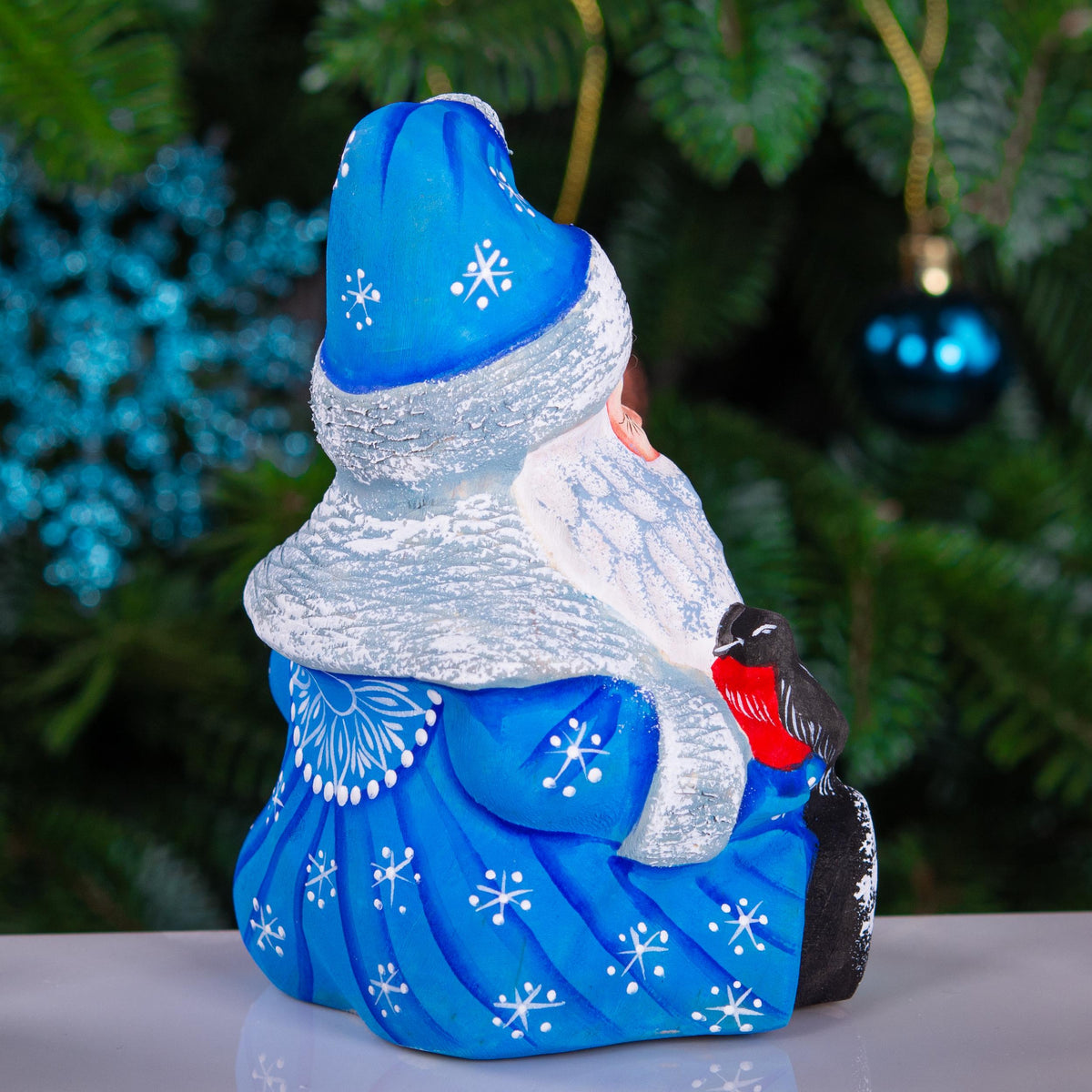 Hand carved blue Santa figurine 5 inch, winter birds scene decor