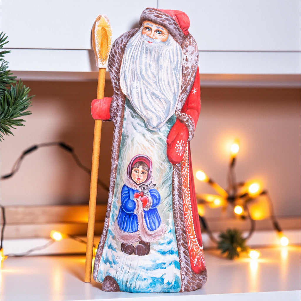 Hand Carved Santa Figurine 9 inch: Girl with Rabbit, Wooden Christmas Decoration