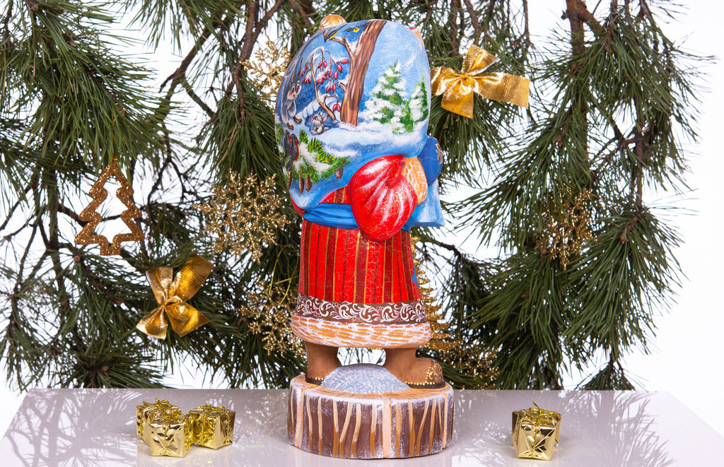 Hand carved wooden Santa figurine 13.8 inch, winter woodland animals artwork, mantel decor