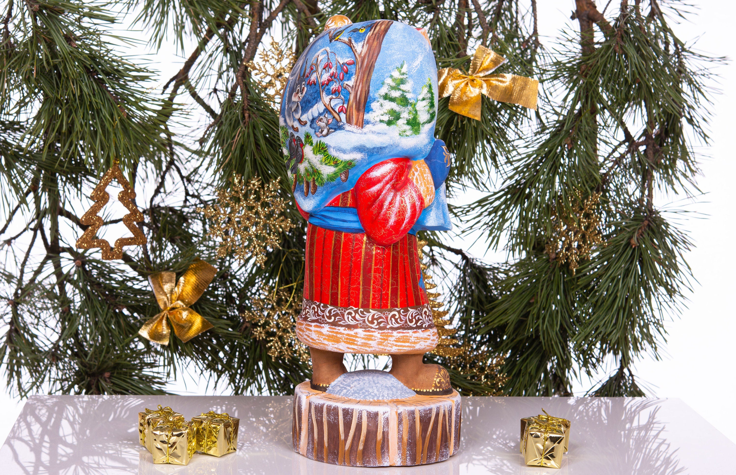 Hand carved wooden Santa figurine 13.8 inch, winter woodland animals artwork, mantel decor