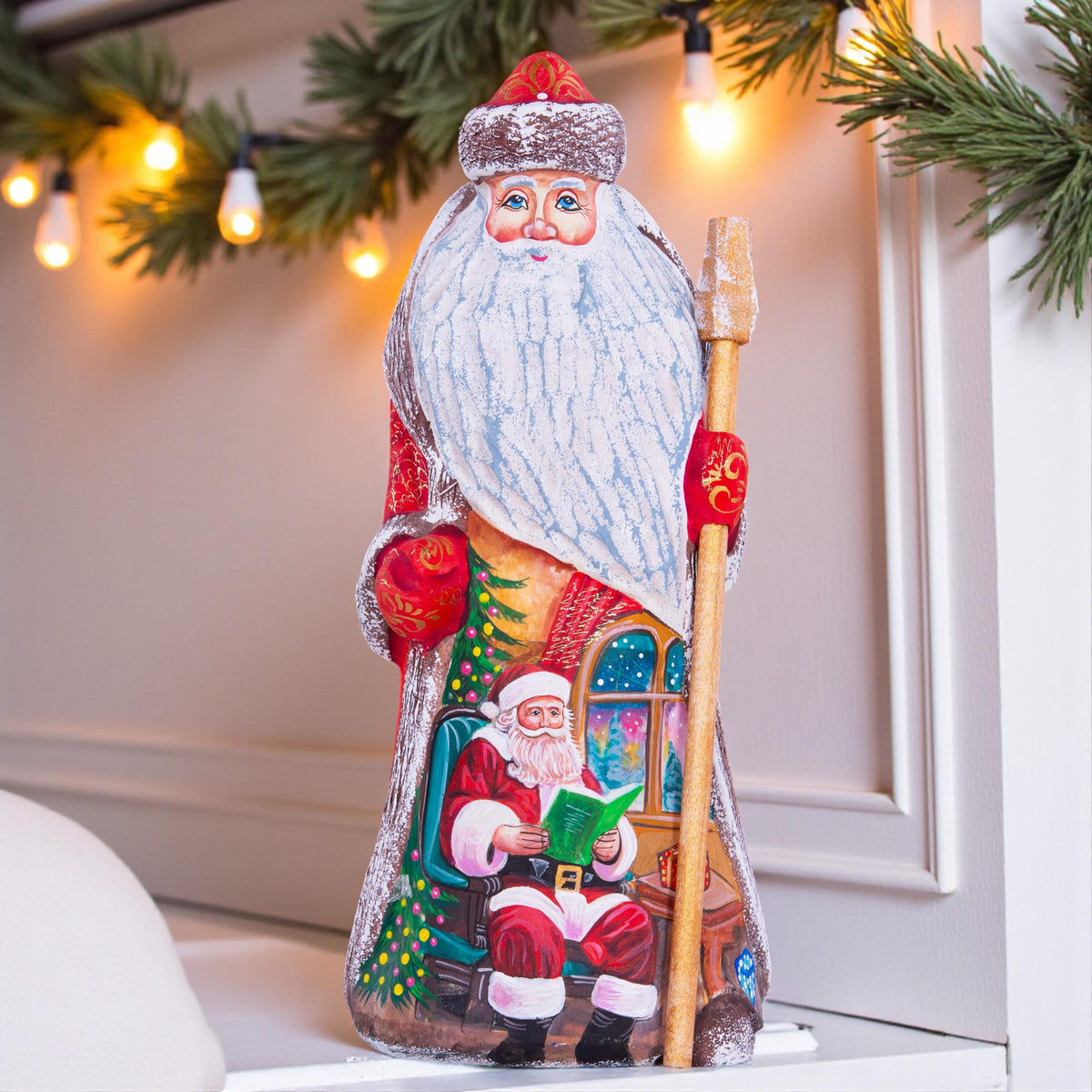 Hand carved Old-World Santa wooden figurine 9 inch, cozy window reading scene, mantel decor