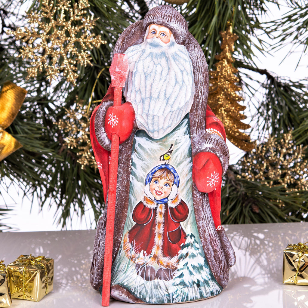 Old-World Santa wooden figurine 9.4 inch, winter child scene with bird, mantel display