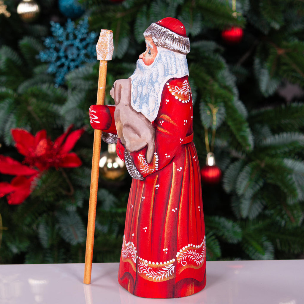 Hand Carved Wooden Santa Figurine with Puppy: Folk Art Christmas Decor