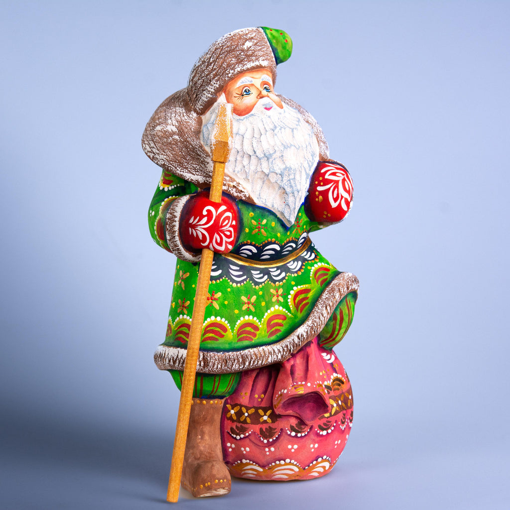 Santa Claus wood carving with staff, gift sack pedestal, 9.4 inch