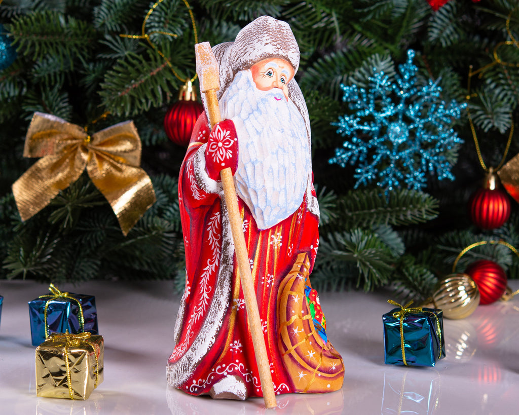 Old-World Santa wooden figurine 9 inch, matryoshka toy sack, staff, Christmas mantel decor