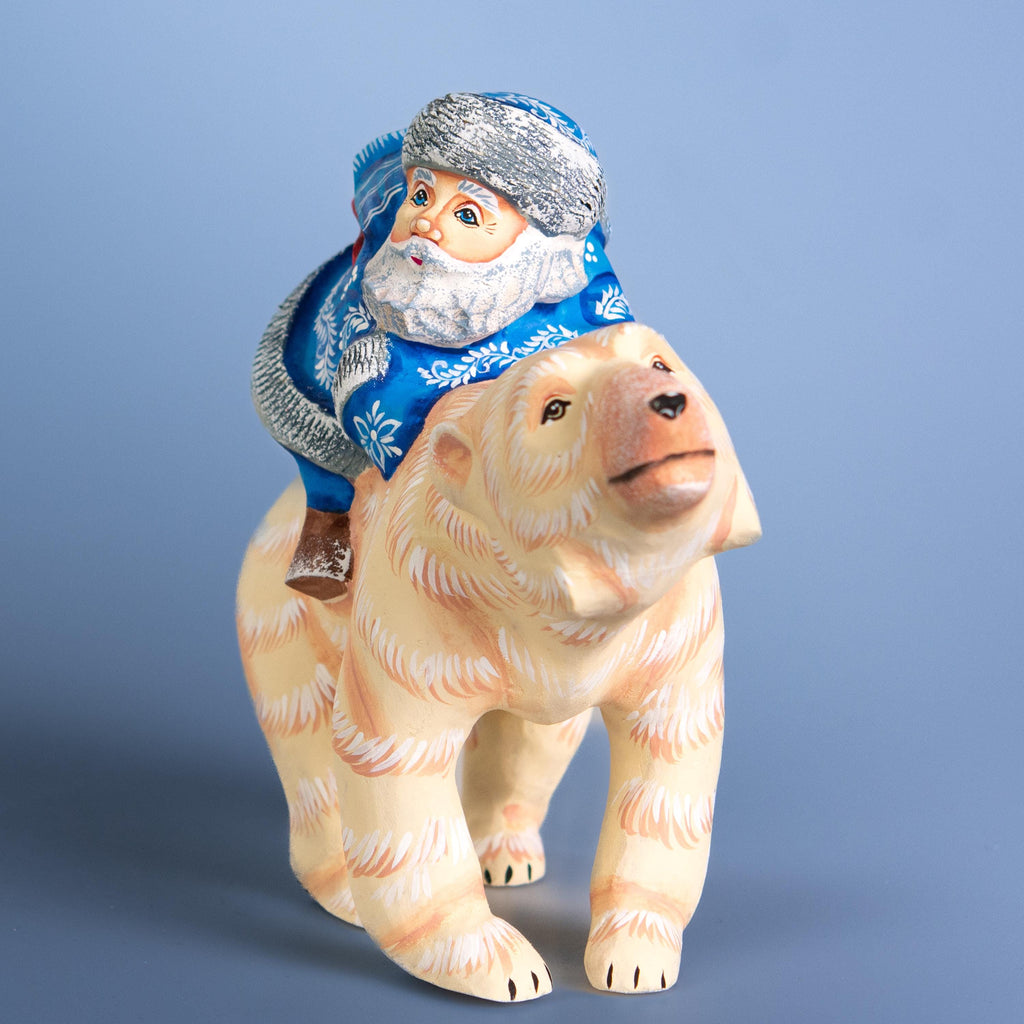 Old World Santa Riding Bear Figurine 9 inch Long, Hand Carved Wood